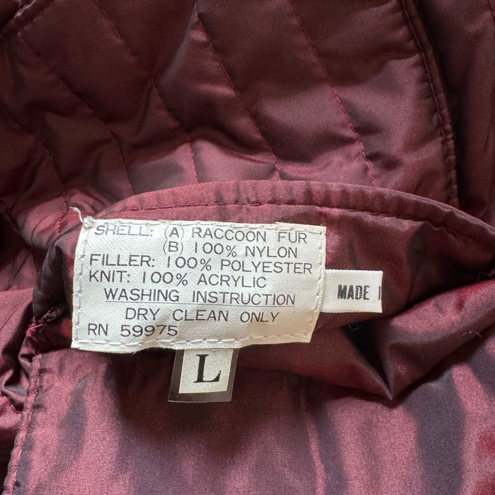 Vintage Raccoon Fur & Burgundy Quilted Bomber Jacket Detachable Sleeves Large - Picture 6 of 9
